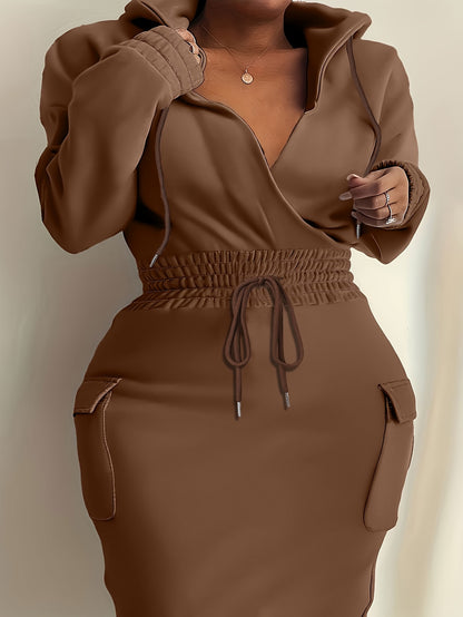 Plus Size Elegant Tunic Dress - Hooded, Shirred, Nipped Waist, Long Sleeve, Bodycon, Midi Length, Solid Color, Polyester, Machine Washable, Pocket Detail