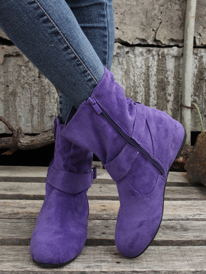 Womens Classic Solid Color Ankle Boots with Round-Toe Design - Fashion Buckle Belt & Side Zipper Closure - Ultra-Comfortable Outdoor Shoes for Stylish Adventures