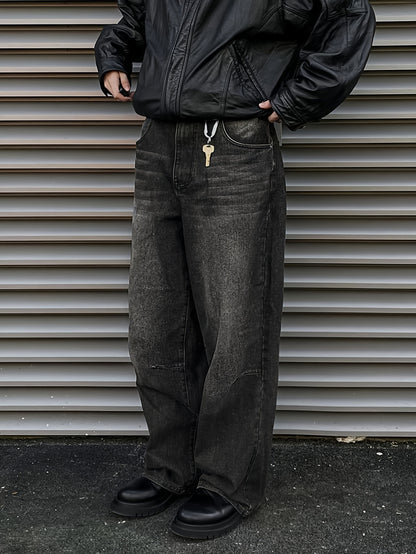 Men's Casual Wide Leg Jeans, Street Style Loose Fit Distressed Denim Pants