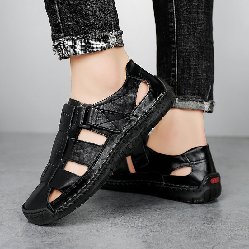 Men's Retro Brown Faux Leather Sandals - Adjustable Hook and Loop Fastener, Non-Slip Rubber Sole, Comfortable Open-Toe Slides for Outdoor Hiking, Trekking, Beach Wear | Spring/Summer/Autumn