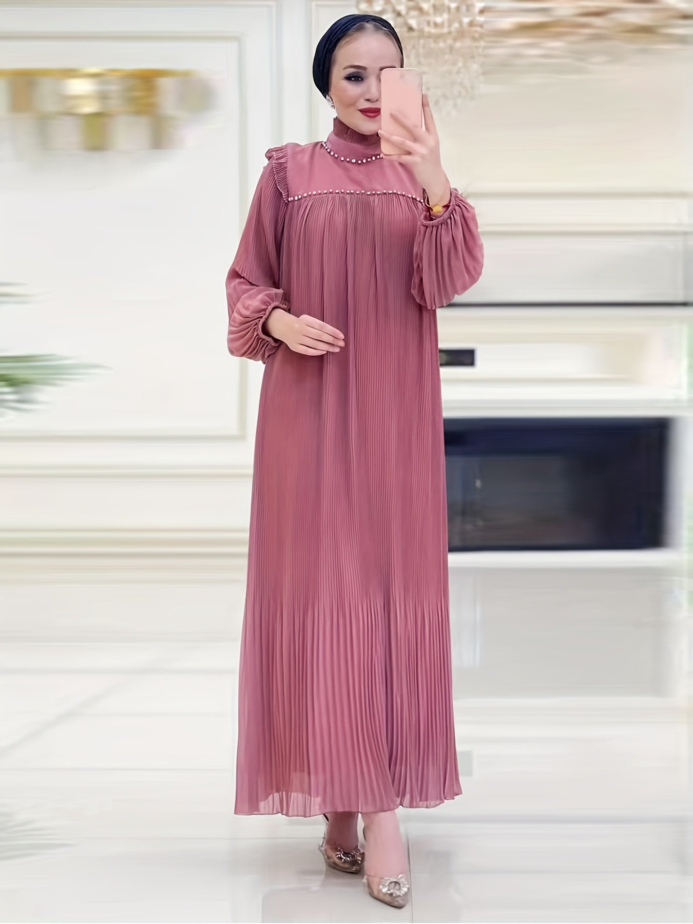 Elegant Pleated Maxi Dress for Women - Solid Color, Belted Waist, Long Sleeve, Machine Washable - Perfect for Ramadan & Casual Attire