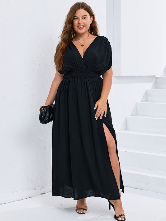 Plus Size Glamorous Maxi Dress - Flattering Ruched Solid Batwing Dress with V Neck & Side Split - Effortless Flowy Style for Women