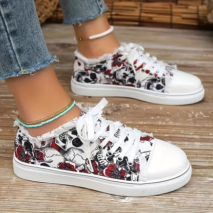 Women's Skull & Flower Pattern Canvas Shoes, Casual Lace Up Outdoor Shoes, Lightweight Low Top Sneakers
