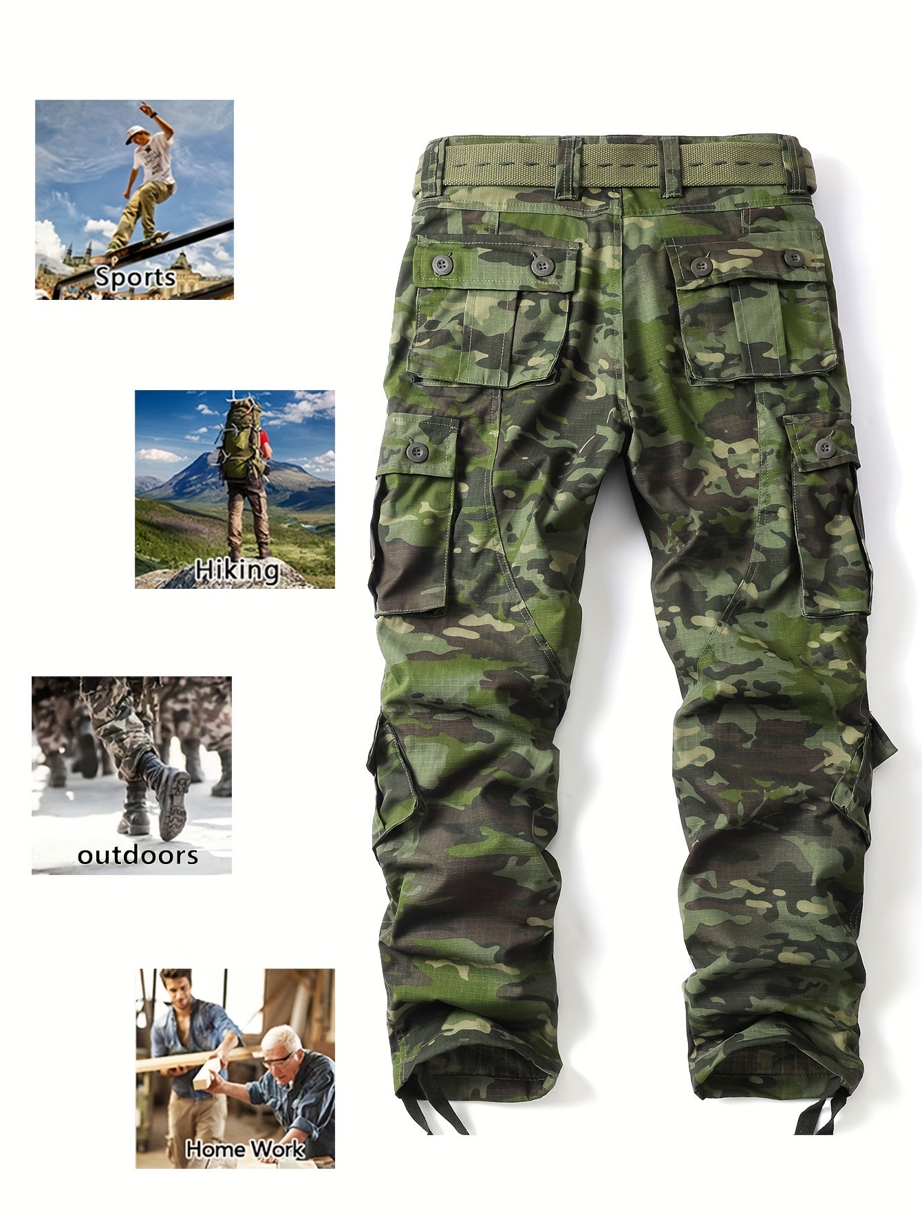 Mens Camouflage Cargo Pants - Relaxed Fit, Cuffed, Multiple Flap Pockets, Versatile, Durable, Ideal for Hiking, Workout, and Outdoors Activities in All Seasons - Belt Sold Separately