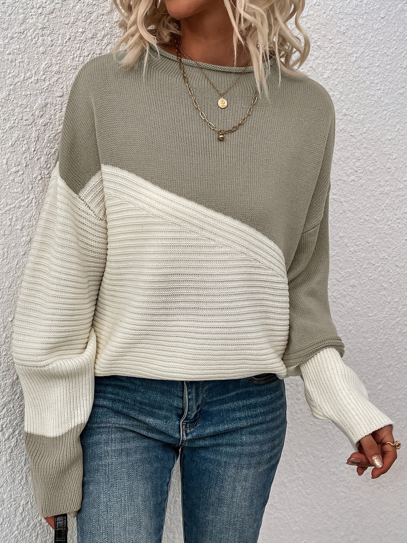 Color Block Loose Pullover Sweater, Elegant Long Sleeve Drop Shoulder Sweater, Women's Clothing