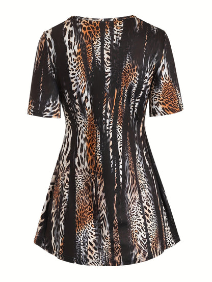 Boho Chic 2-in-1 Leopard Print Top - Casual Crew Neck, Durable Knit, Mid-Elasticity Tee for Spring/Summer/Fall