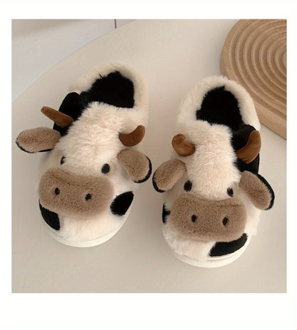 Cozy Cartoon Cow Slippers - Plush Lined Slip-Ons for Winter Warmth and Comfort
