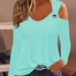 Solid Ring Detail Crew Neck T-Shirt, Casual Cold Shoulder Long Sleeve Top For Spring & Fall, Women's Clothing