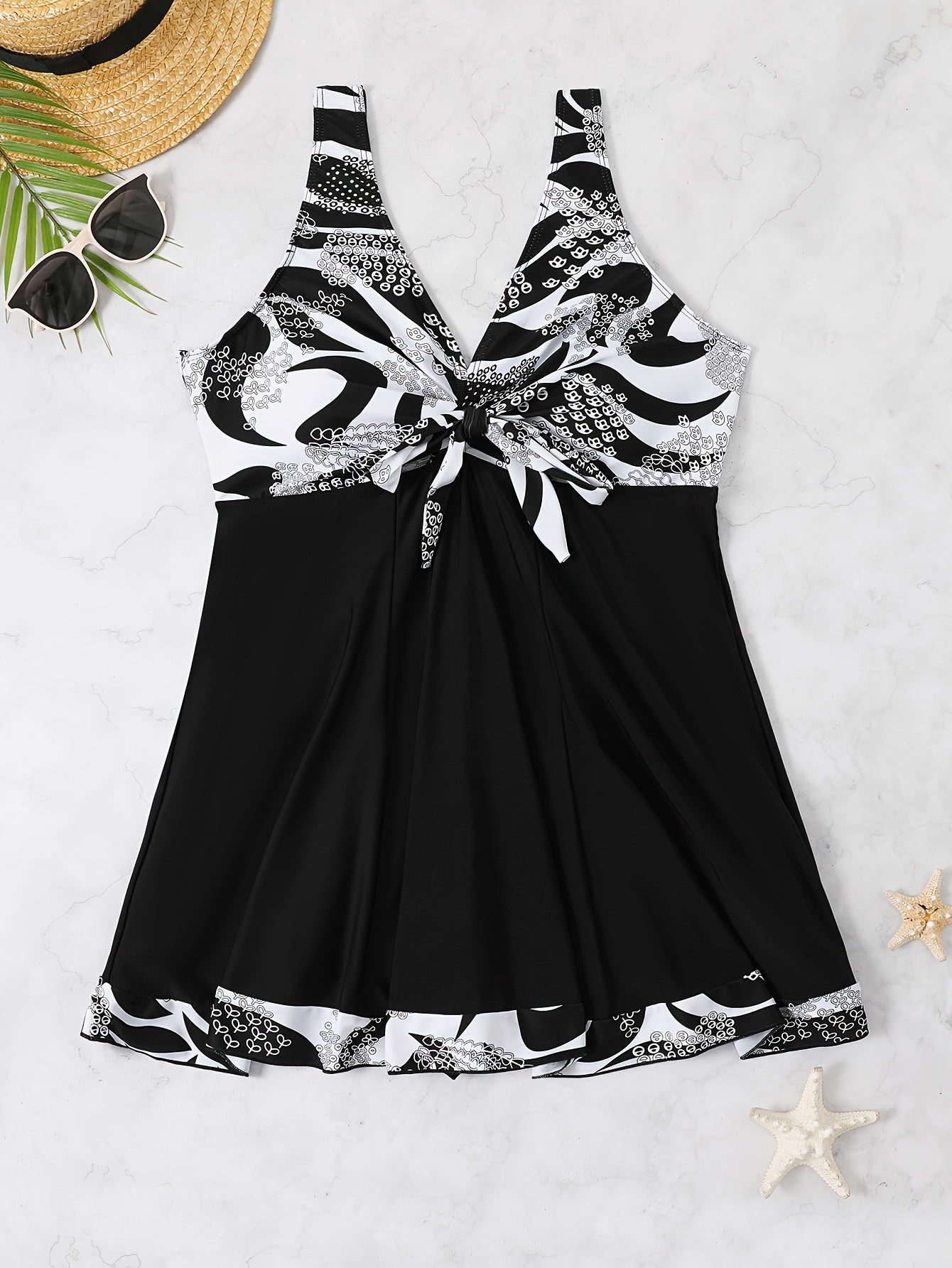 Plus Size Womens Vibrant Floral Print Tie Front V Neck One Piece Swimsuit - High Stretch, Comfortable, Vacation Essential - Polyester Knit Fabric, Random Printing, No Sheer