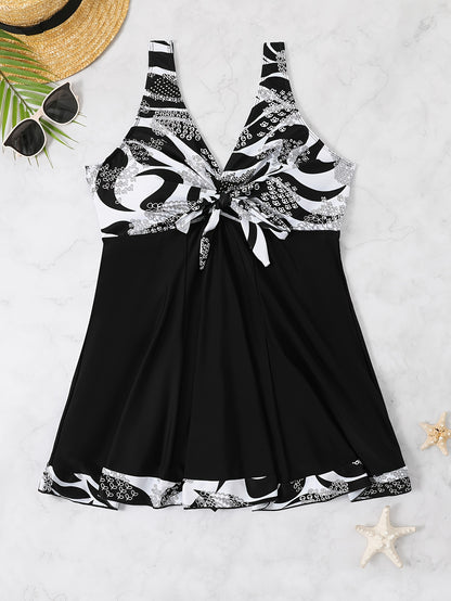 Plus Size Womens Vibrant Floral Print Tie Front V Neck One Piece Swimsuit - High Stretch, Comfortable, Vacation Essential - Polyester Knit Fabric, Random Printing, No Sheer