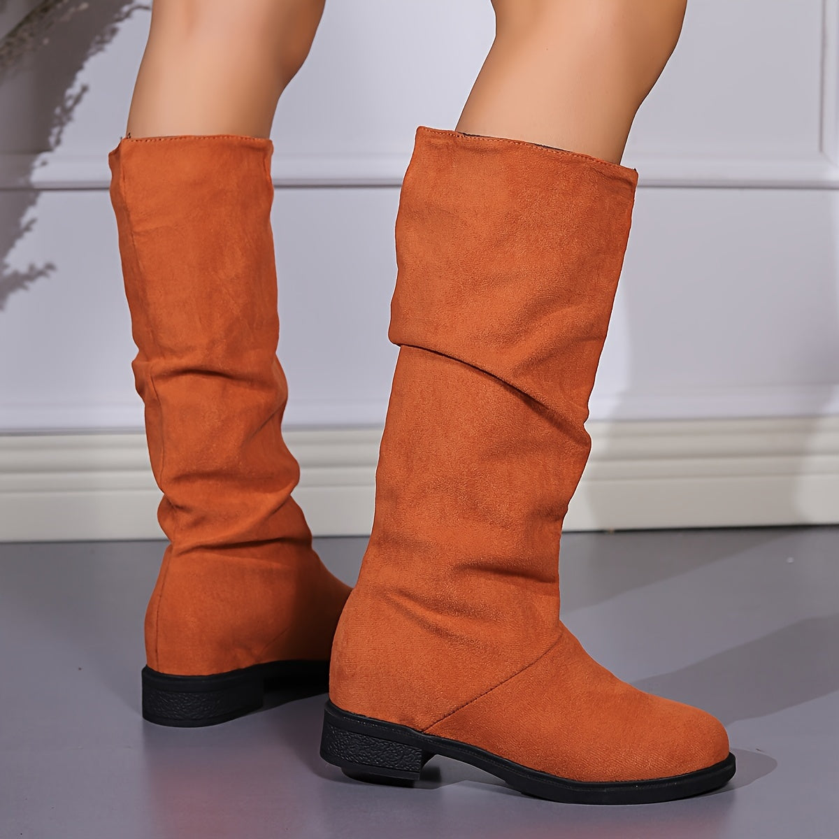 Women's Slouchy Mid Calf Boots, Comfortable Round Toe Pull On Shoes, Classic Boots For Koningsdag/King's Day