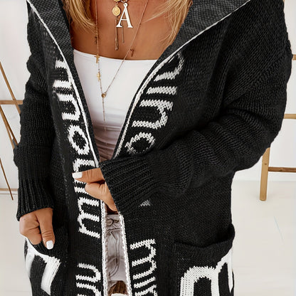 Chic Plus Size Open Front Hooded Cardigan - Long Sleeve & Letter Print, Cozy with Pockets, Ideal for Casual Outings