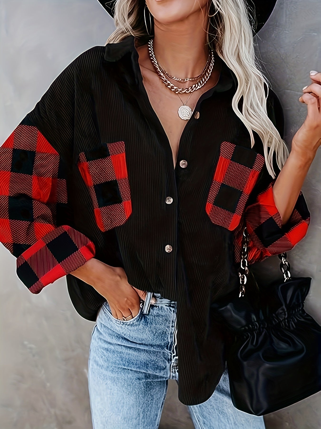 Plaid Print Splicing Shirt, Casual Button Front Long Sleeve Shirt, Women's Clothing