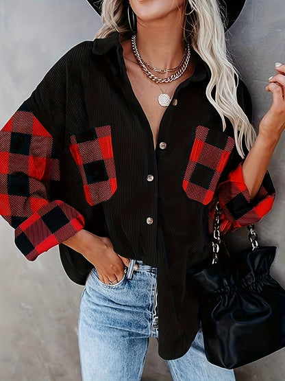 Plaid Print Splicing Shirt, Casual Button Front Long Sleeve Shirt, Women's Clothing