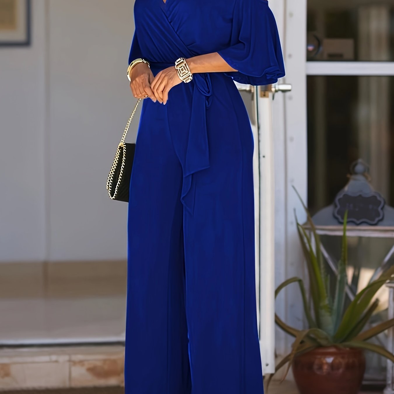 Solid Cold Shoulder V-neck Jumpsuit, Elegant Half Sleeve Jumpsuit For Spring & Summer, Women's Clothing