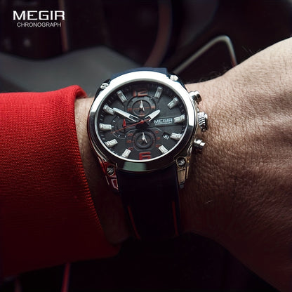 Megir Men's Chronograph Analog Quartz Watch - Date Function, Luminous Display, Soft Silicone Rubber Strap, Stylish Wristwatch Ideal for Gifts, Everyday Wear