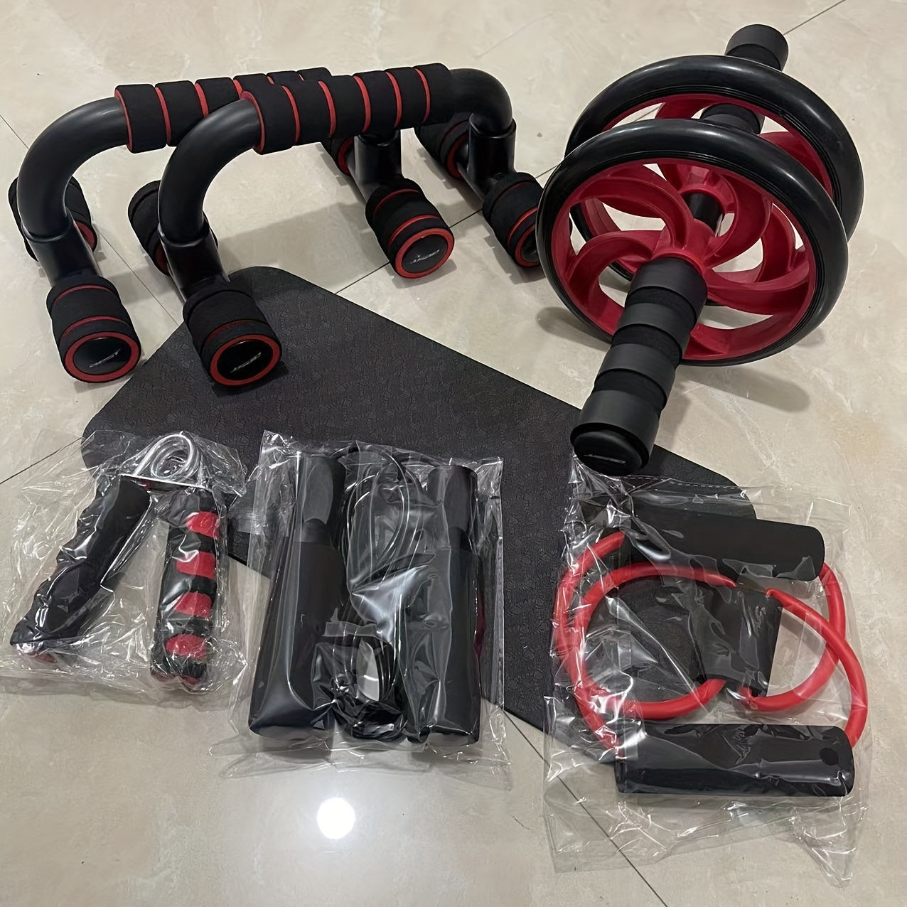 7pcs/set Complete Ab Workout Set With Push-up Stand, Ab Wheel, Mini Mat, Resistance Band, Jump Rope & Hand Gripper - Strengthen Core, Build Muscle, Burn Fat