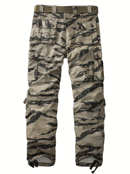 Loose Fit Camo Pattern Cargo Pants - Zipper Fly, Multi Flap Pocket, Non-Stretch Cotton Fabric - Casual Weekend Outdoor Pants for Men, Mid Waist, Regular Length, All-Season Wear