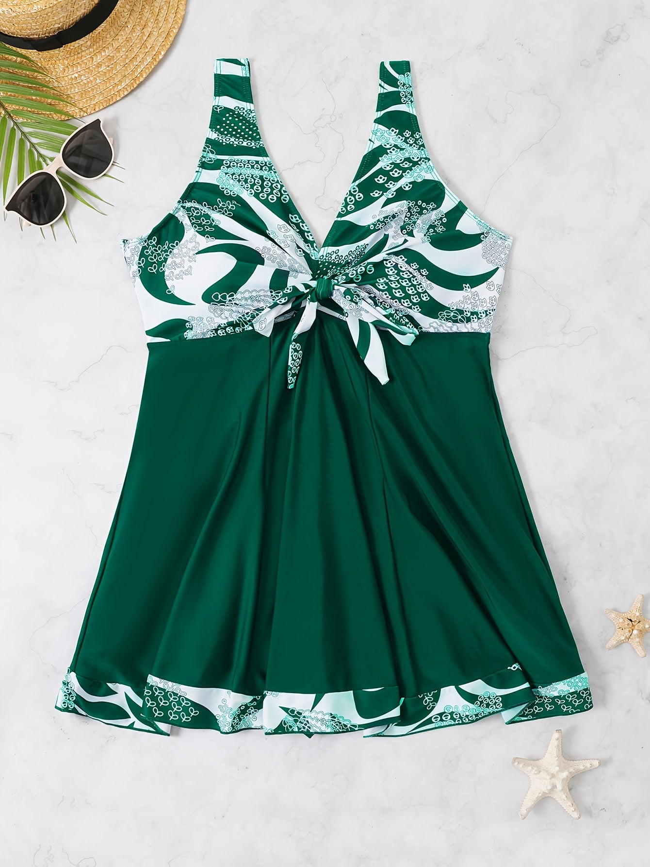 Plus Size Womens Vibrant Floral Print Tie Front V Neck One Piece Swimsuit - High Stretch, Comfortable, Vacation Essential - Polyester Knit Fabric, Random Printing, No Sheer