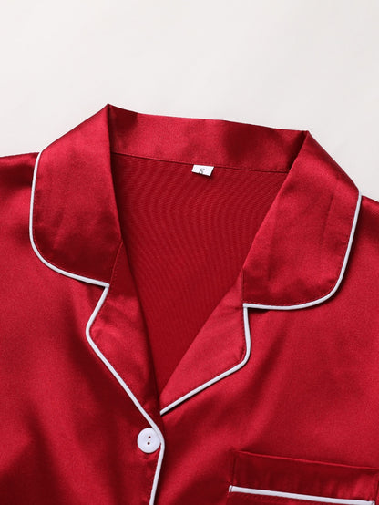 Solid Pajama Set, Long Sleeve Button Up Lapel Top & Pants Pj Set, Women's Sleepwear & Loungewear