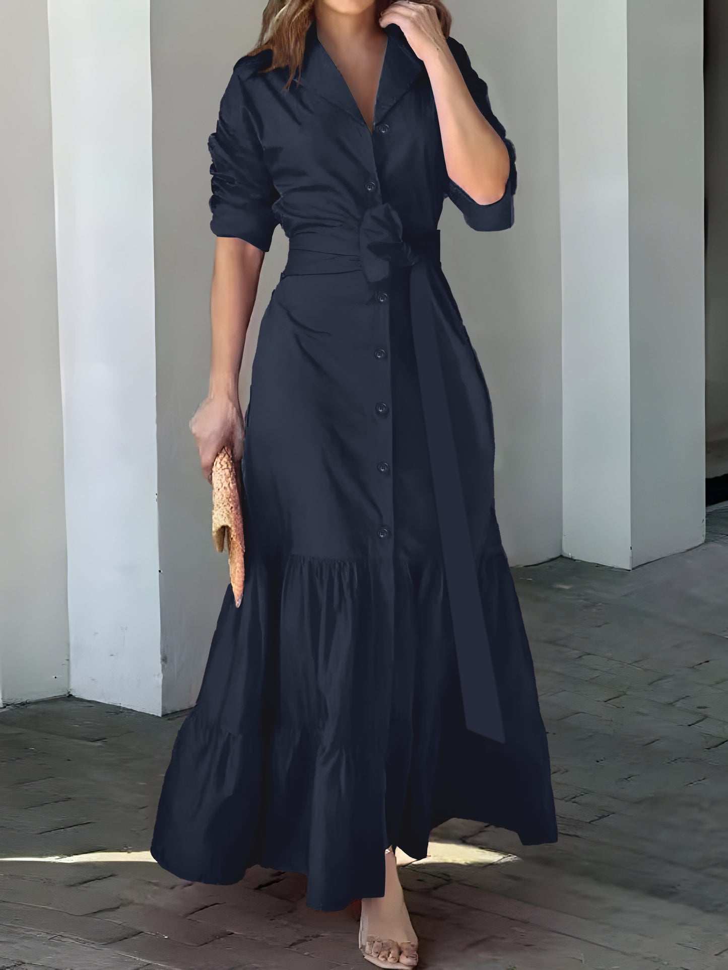 Stunning Ruffled Maxi Dress - Solid Button Front, Belted Waist, Elegant Ruched Sleeve, Flowy Design, Women's Clothing for Special Occasions