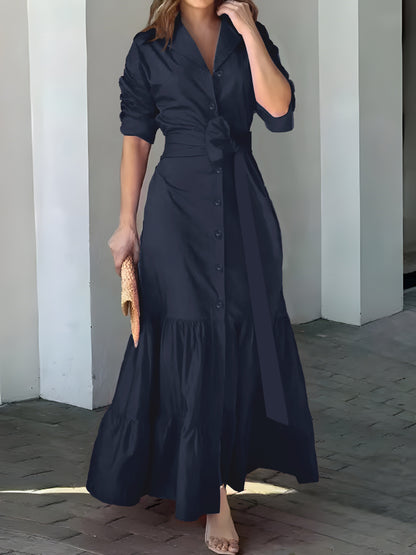 Stunning Ruffled Maxi Dress - Solid Button Front, Belted Waist, Elegant Ruched Sleeve, Flowy Design, Women's Clothing for Special Occasions