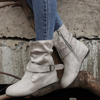 Womens Classic Solid Color Ankle Boots with Round-Toe Design - Fashion Buckle Belt & Side Zipper Closure - Ultra-Comfortable Outdoor Shoes for Stylish Adventures
