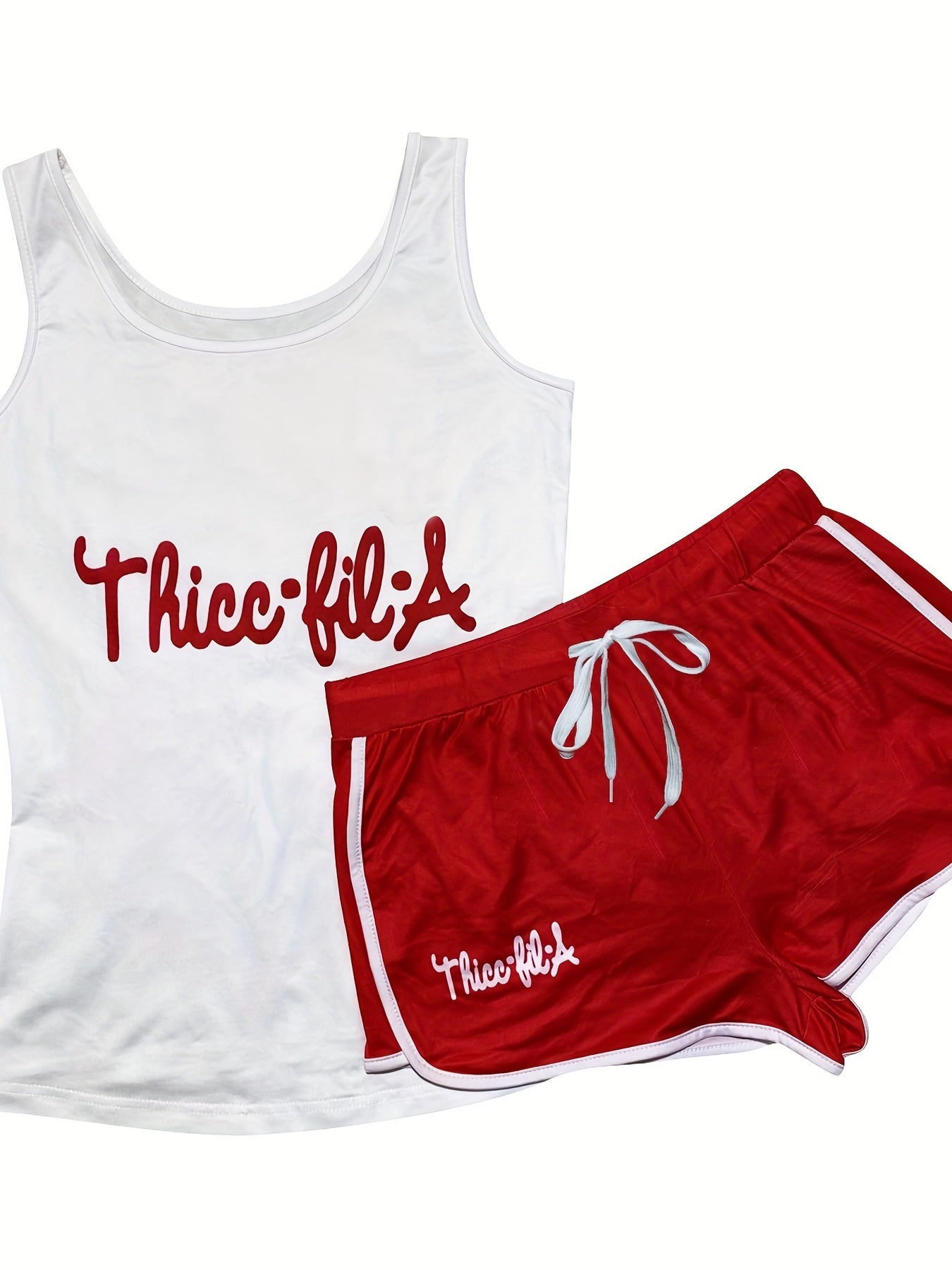 Letter Print Sporty Two-piece Set, Casual Sleeveless Tank Top & Drawstring Shorts Outfits, Women's Clothing