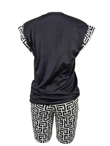 Womens Trendy Letter Print Pajama Set - Soft Short Sleeve Crew Neck Top & Shorts - Lightweight Sleepwear for Casual Lounging and Nighttime Comfort