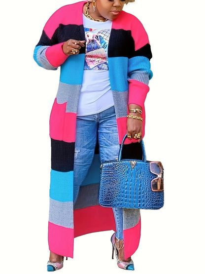Long Sleeve Color Block Knit Cardigan - Stylish Open Front, Cozy Casual Sweater with Convenient Pockets, Perfect for Womens Everyday Wear