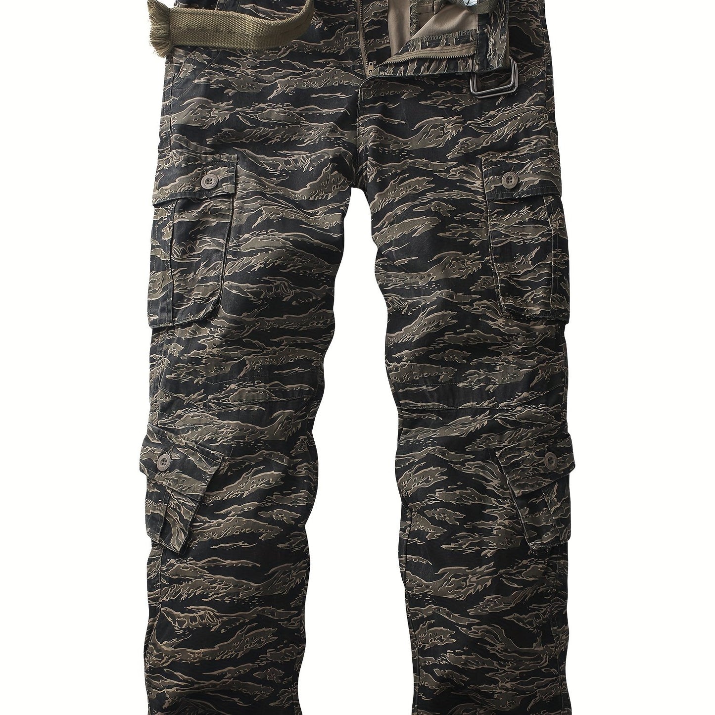 Trendy Mens Tiger Camo Cargo Pants - Bold Print, Multiple Pockets, Loose Fit, Durable Cotton Blend, Perfect for Outdoor Adventures & Street Style