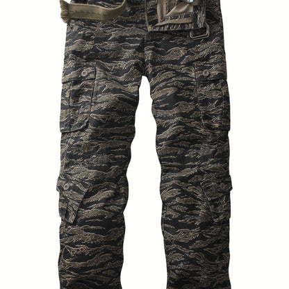 Trendy Mens Tiger Camo Cargo Pants - Bold Print, Multiple Pockets, Loose Fit, Durable Cotton Blend, Perfect for Outdoor Adventures & Street Style