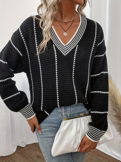 Striped V Neck Oversized Sweater, Casual Long Sleeve Comfy Sweater, Women's Clothing
