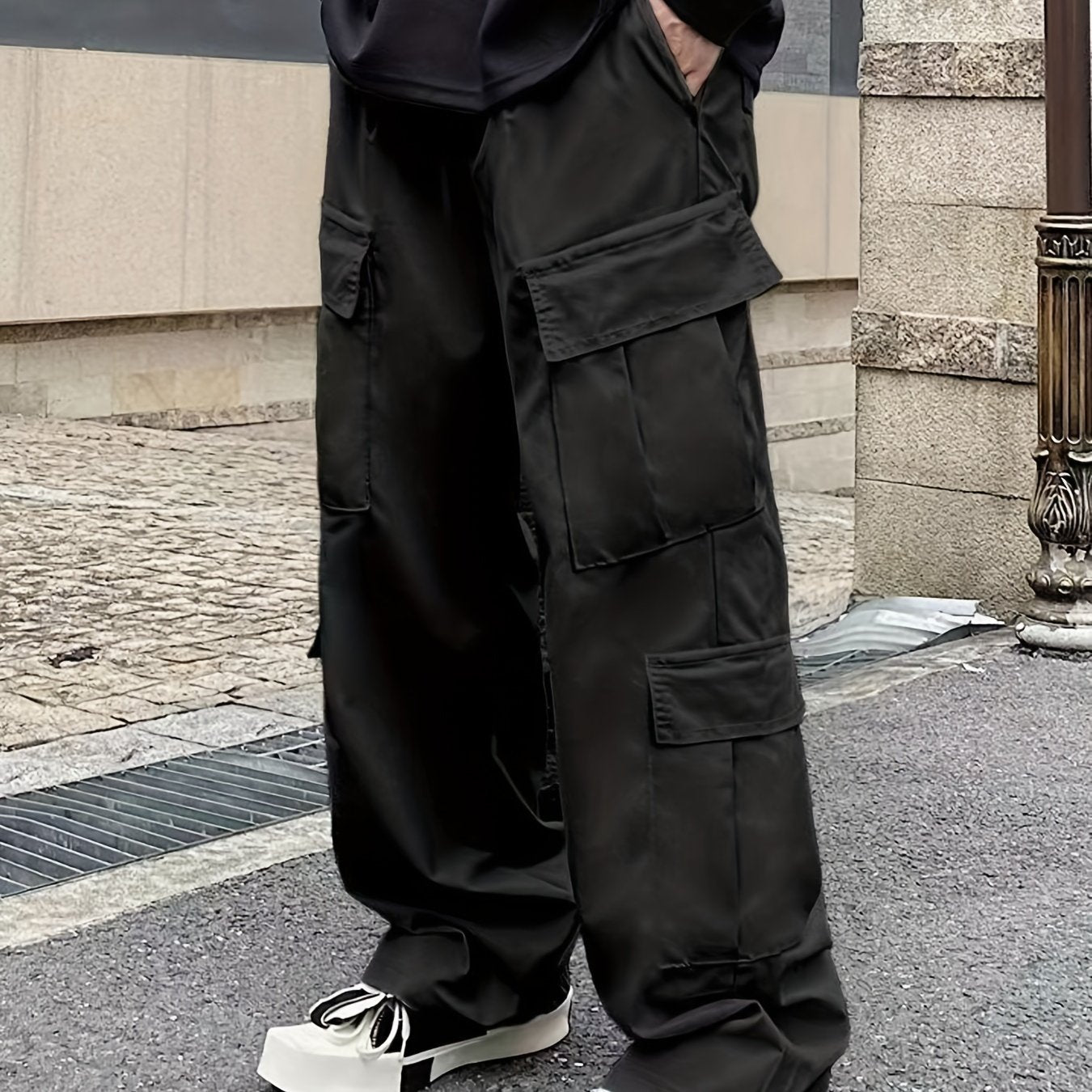 Men's Loose Casual Outdoor Cargo Pants - Multi Flap Pocket Trousers - Trendy Solid Work Pants for Streetwear Hip Hop Style