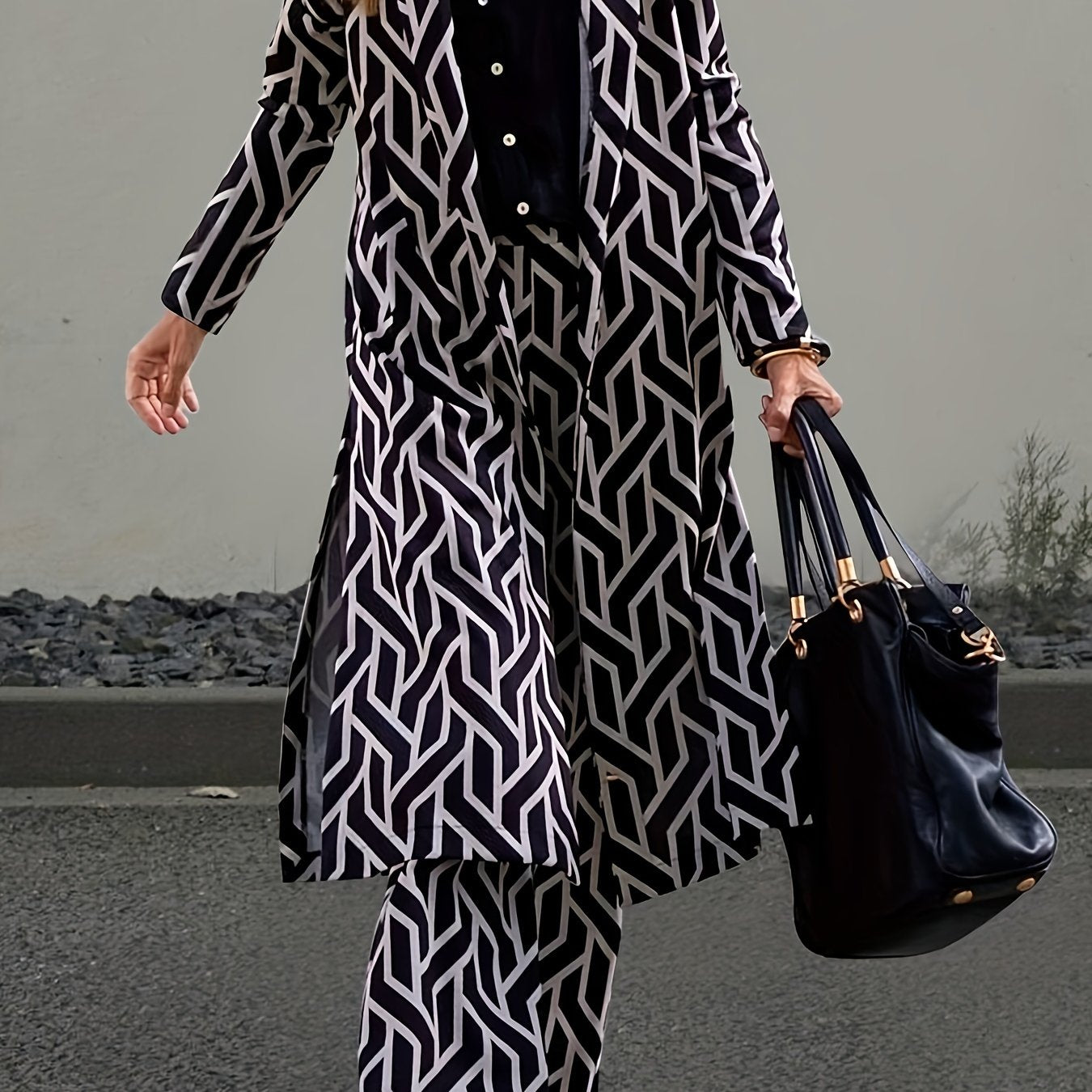 2pcs Women's Elegant V-Neck Suit - Geometric Pattern, Smooth 120g/m² Polyester Fabric - Casual Essentials | Machine Wash, No Dry Clean | Side Stripe Details