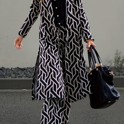 2pcs Women's Elegant V-Neck Suit - Geometric Pattern, Smooth 120g/m² Polyester Fabric - Casual Essentials | Machine Wash, No Dry Clean | Side Stripe Details