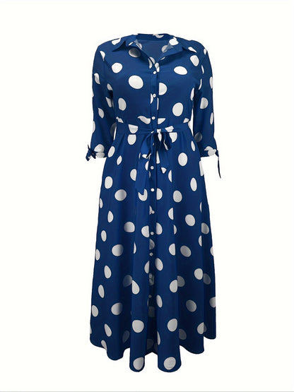 Elegant Plus Size Polka Dots Print Maxi Dress - Women's Button Up Collared Belted