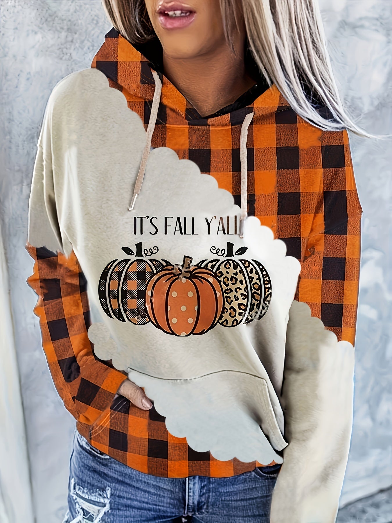 Halloween Pumpkin Print Kangaroo Pocket Hoodie, Vintage Long Sleeve Drawstring Hoodies Sweatshirt, Women's Clothing