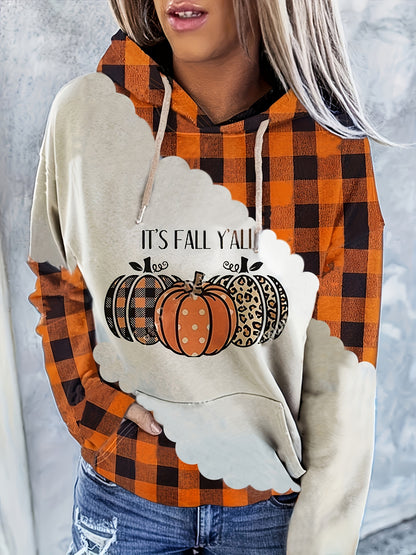 Halloween Pumpkin Print Kangaroo Pocket Hoodie, Vintage Long Sleeve Drawstring Hoodies Sweatshirt, Women's Clothing