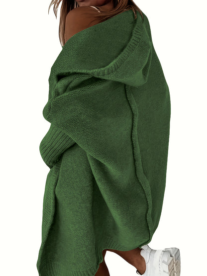 Plus Size Casual Cardigan, Women's Plus Solid Stitching Long Sleeve Hooded Open Front Slight Stretch Sweater Cardigan