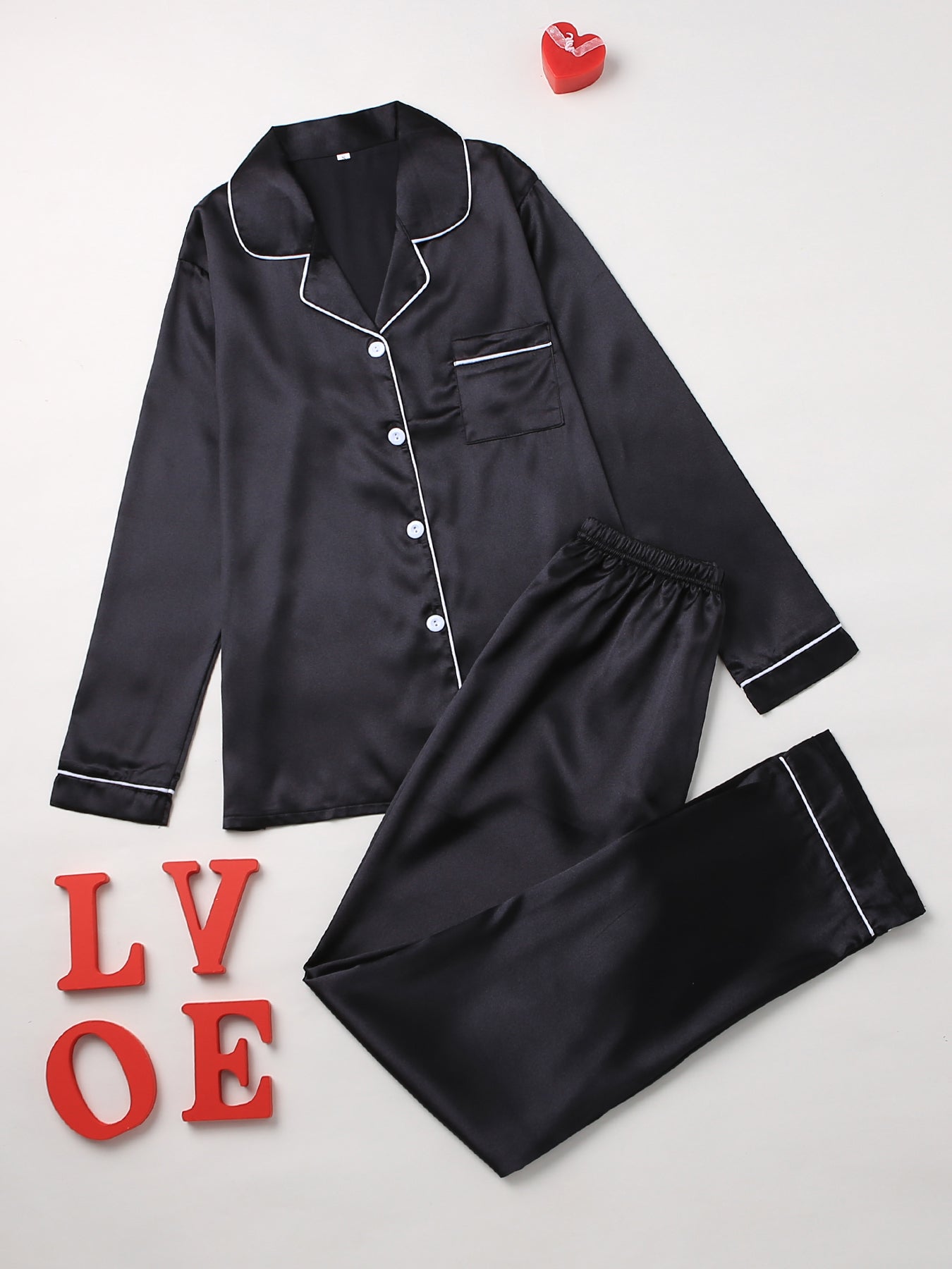 Solid Pajama Set, Long Sleeve Button Up Lapel Top & Pants Pj Set, Women's Sleepwear & Loungewear