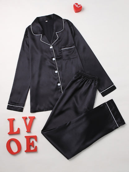 Solid Pajama Set, Long Sleeve Button Up Lapel Top & Pants Pj Set, Women's Sleepwear & Loungewear