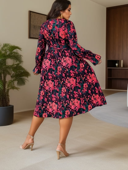Plus Size Casual Dress, Women's Plus Floral Print Lantern Sleeve Surplice Neck Slight Stretch Midi Dress With Belt