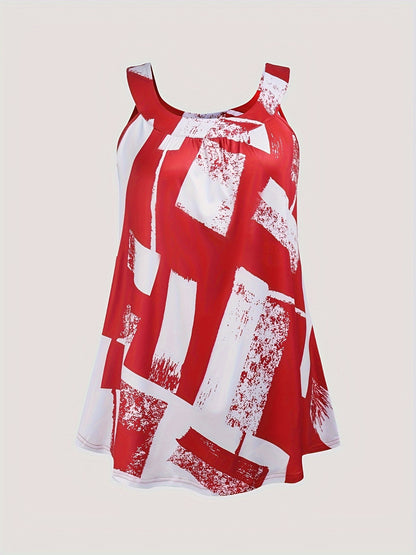 Plus Size Round Neck Colorblock Curved Hem Casual Tank Top