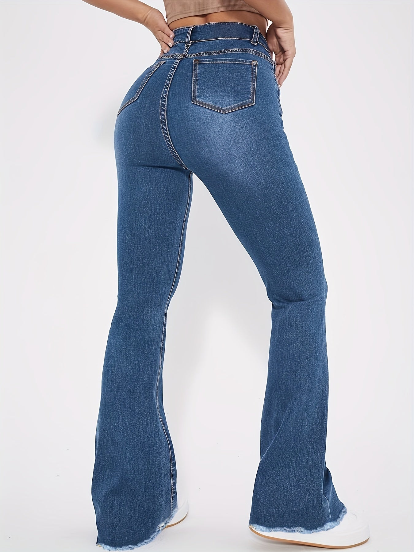 High-Rise Blue Raw Hem Flare Jeans - Slim Fit Bell Bottoms for Women - High-Stretch Denim Clothing with Trendy Style
