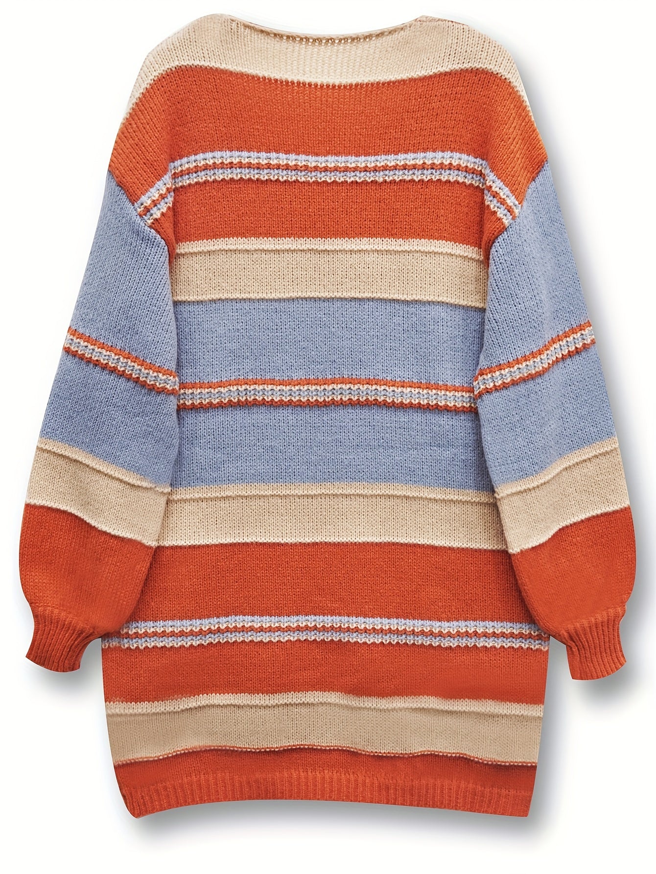 Plus Size Elegant Striped Sweater Dress - Soft High Stretch V Neck Long Sleeve Oversized Polyester Knit Fabric for Fall Winter - Comfortable and Chic