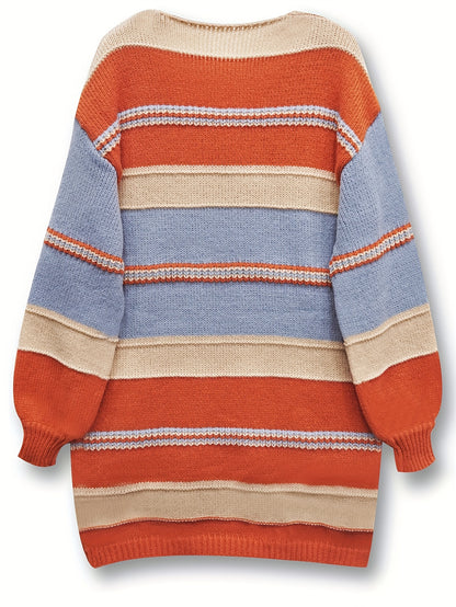 Plus Size Elegant Striped Sweater Dress - Soft High Stretch V Neck Long Sleeve Oversized Polyester Knit Fabric for Fall Winter - Comfortable and Chic