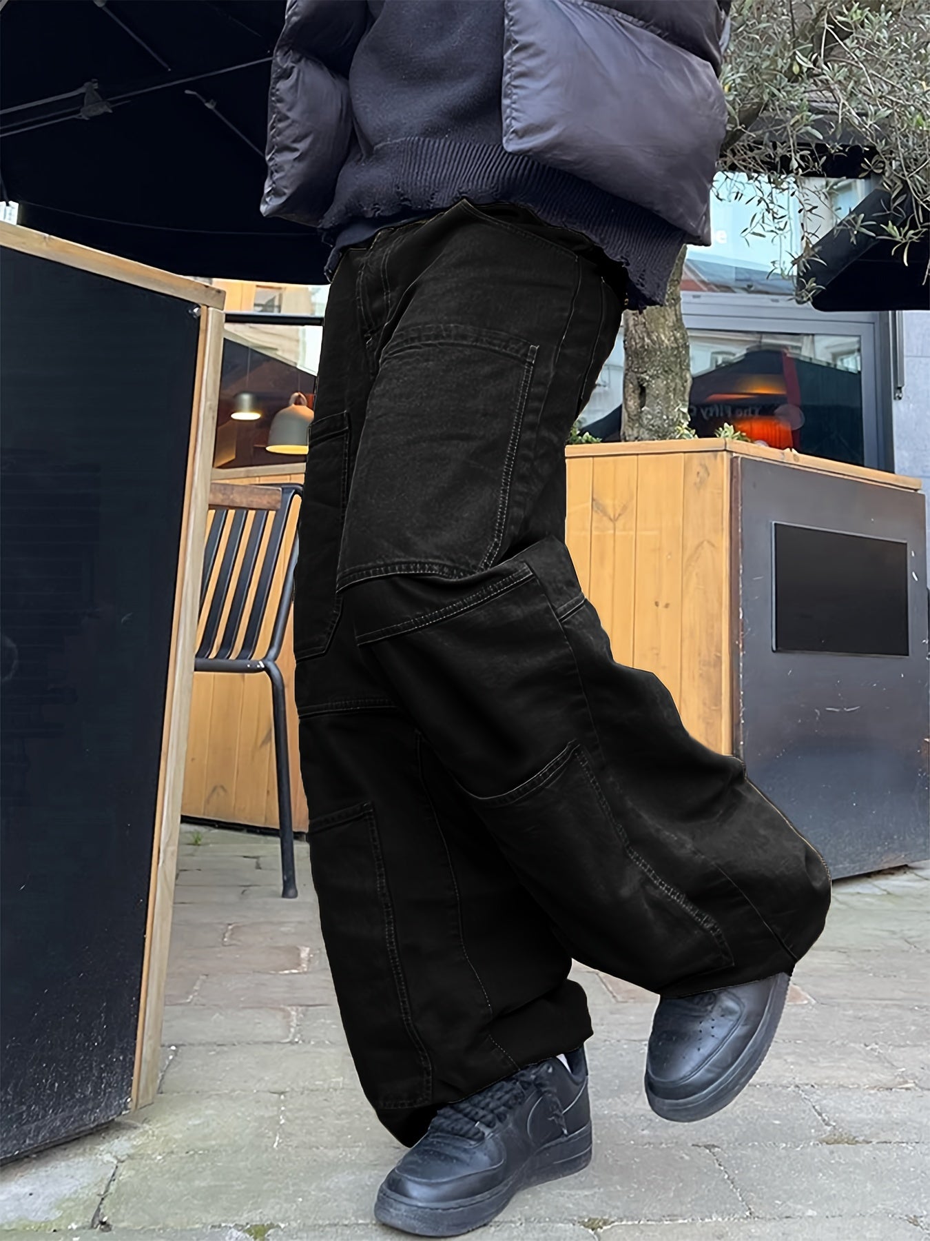 Retro Denim Men's Straight Leg Cargo Pants, Loose Baggy Pants Casual Outdoor Jeans Pants, Work Pants Hipster Streetwear Hiphop Rapper Style For Men