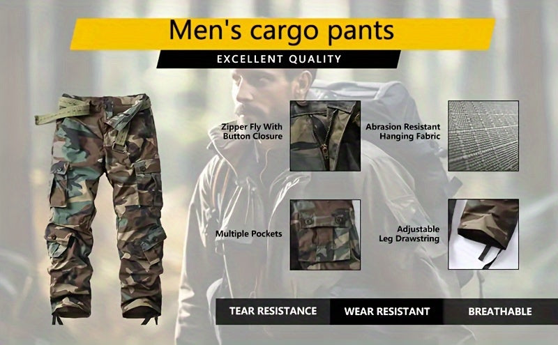Men's Camouflage Cargo Pants - Comfortable, Durable, Multi-Flap Pocket Outdoor Work Pants for Hiking, Camping, and Heavy-Duty Activities